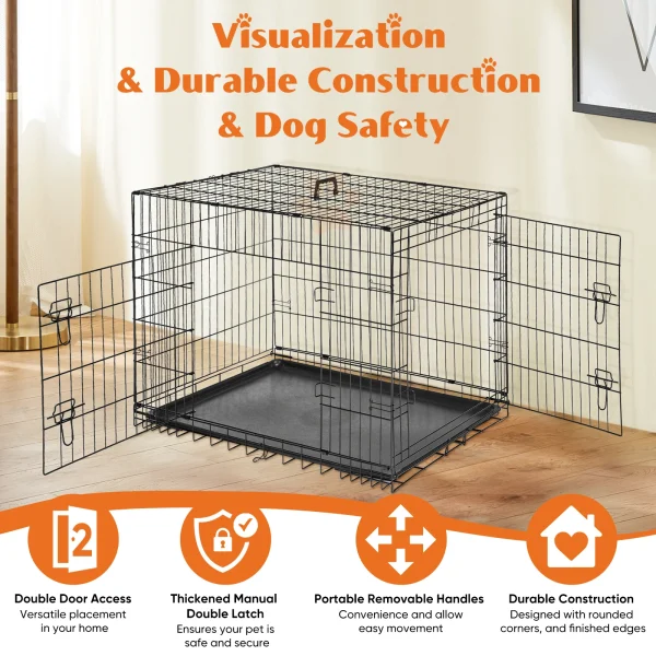 JHK Double Door XL Folding Metal Wire Dog Cage with Plastic Leak-Proof Pan Tray