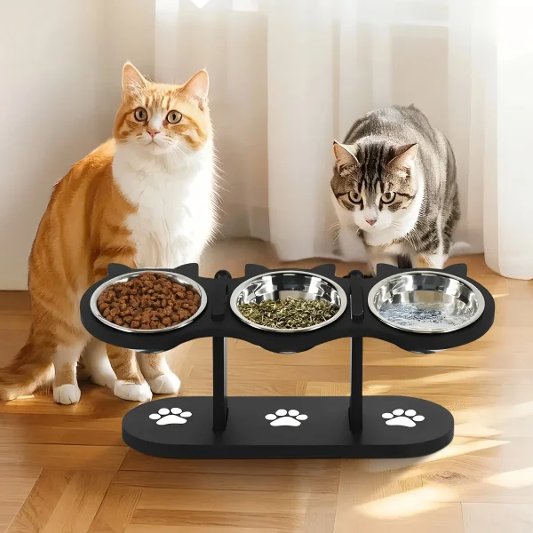 Elevated 15° Tilted Cat Bowls, Wooden Stand, Anti Vomiting, Stainless Steel Bowls
